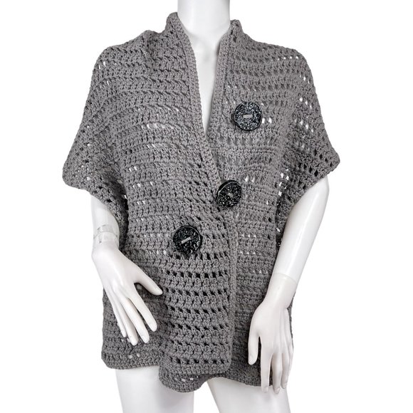 Hand Knit Gray Cotton Sweater Shawl Textured Ceramic Buttons Womens One Size New - Picture 1 of 9